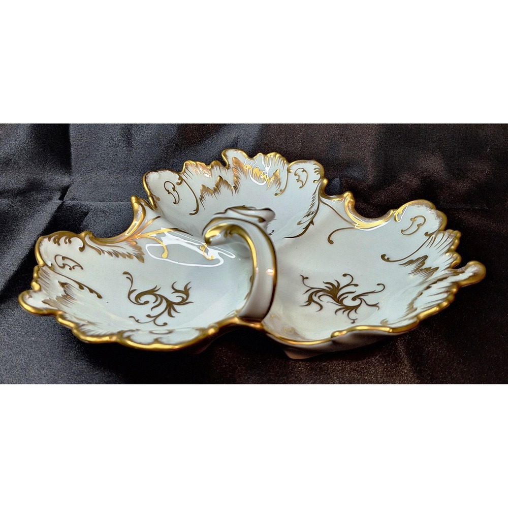 Vintage Limoges France Porcelain Divided Candy Dish Gold Gilt Leaf Tray Handle
